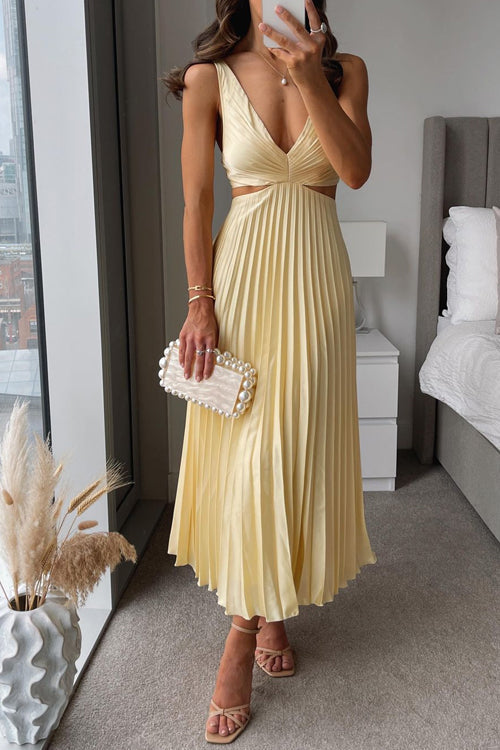 Elegante Vestido Midi con Escote en V y Falda Plisada para Eventos Especiales 0