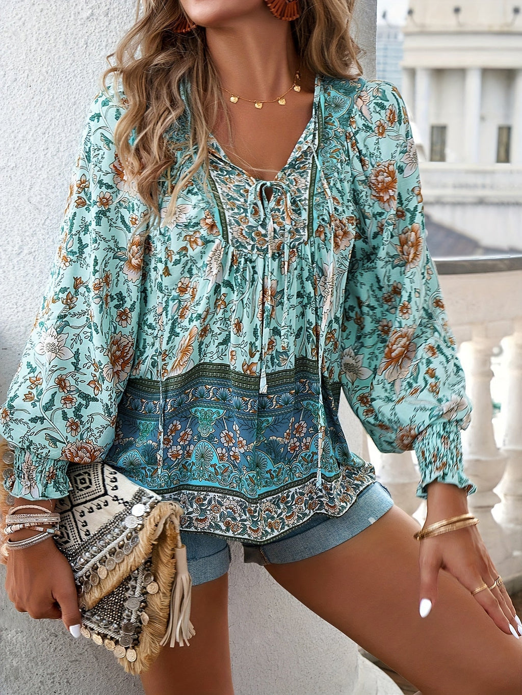 CLARA – Blusa con lazo floral y mangas abullonadas para mujer - Noa Lagos