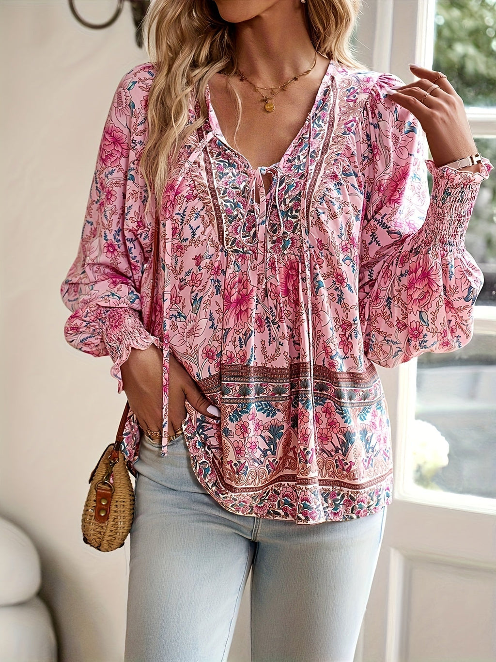CLARA – Blusa con lazo floral y mangas abullonadas para mujer - Noa Lagos