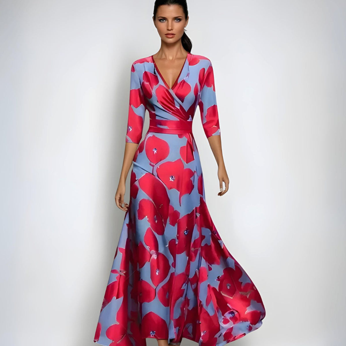 Vestido largo floral cruzado con escote en V para mujer, vista frontal completa
